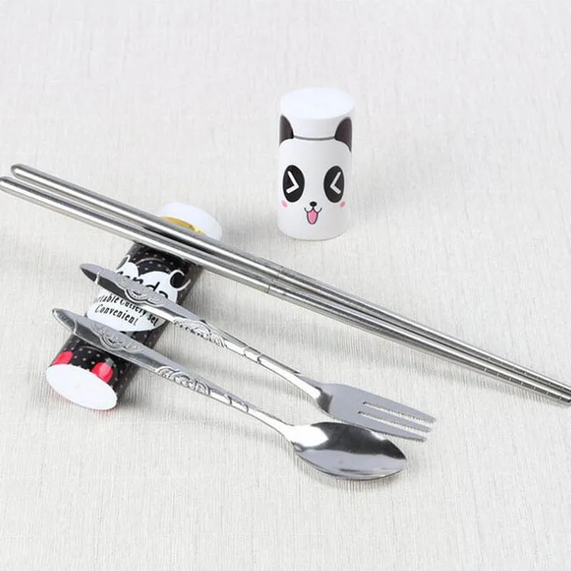 100set 3pcs/set Metal Cutlery Cartoon Travel Chopstick Fork Portable Kid Child Kindergarten School Pinic Dinnerware ZA1203