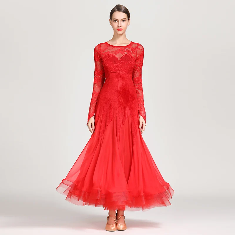 Red Lace Velvet Stiching Fishtail Women Standard Ballroom Dress Spanish Dance Costumes Flamenco Waltz Dress Elegant Party Dress