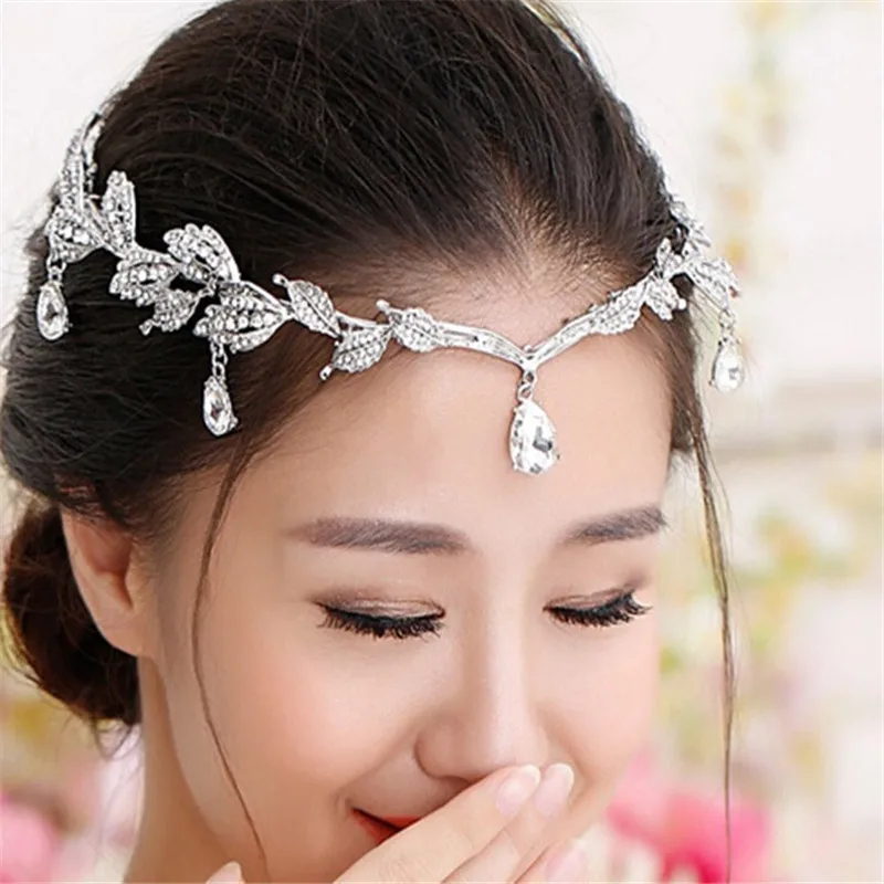 Sparkly Crystal Leaves Bridal Women Headband Bride Head Chain Headpiece Rhinestone Tiara Wedding Prom Hair Jewelry Accessories