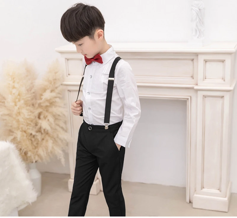 

kids Suit For Boys Formal Wedding Set Prince School student Dress Gentleman Kids Strap Shirt Pants Bowtie 4Pcs ceremony Costume