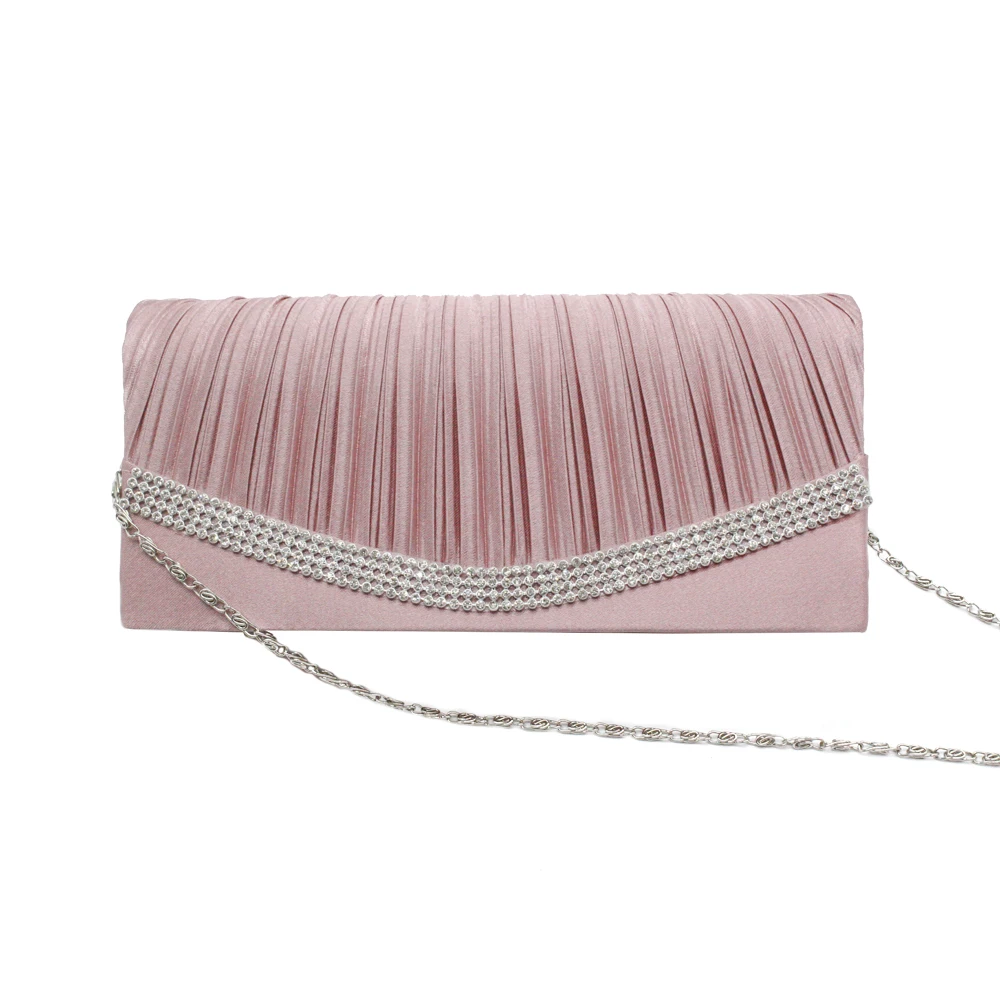 European American Diamante Clutch Bag Pleated Drape Satin Evening Bag for Lady Girl Woman