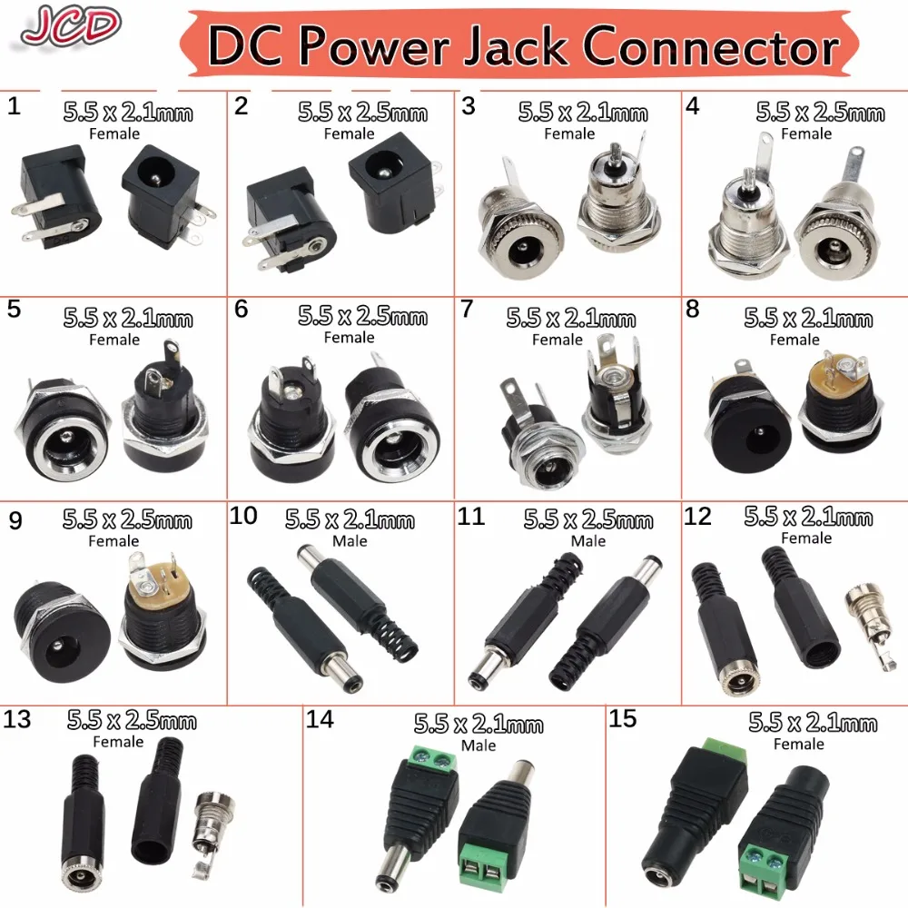 JCD DC Power Jack Socket Connector 5.5*2.1MM 5.5 x 2.1 5.5 x 2.5 mm Male / Female DC-005 DC022 DC022B DC-025M DC099 DC Power