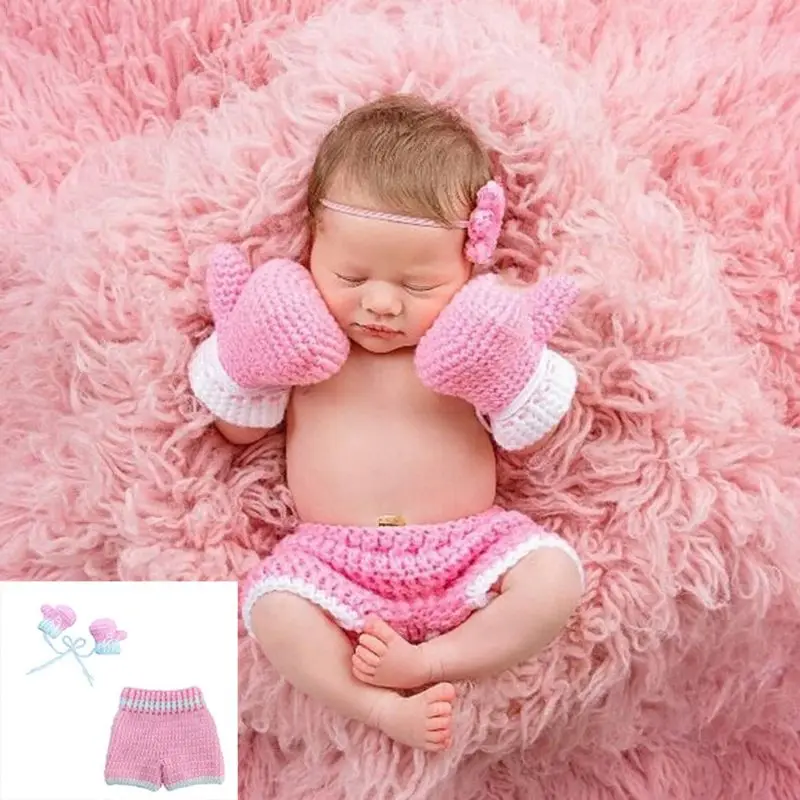 D7YD Newborn Baby Photo Photography Prop Costume Boxing Gloves Shorts Crochet Knit Clothes boxer Boxing gloves and pants Set