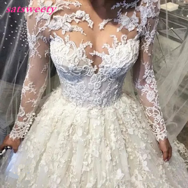 Newest Winter Style Vintage Ball Gown Dresses For Wedding Full Sleeves Transparent Lace Tiered Romantic Bridesmaid Dress