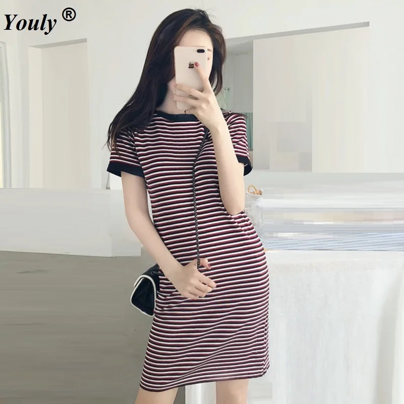 

Knitting Striped Dresses 2022 Summer Casual Party Elastic Mini Dresses Elegant Striped Red Sheath Slim Robe Short Sleeve Dress