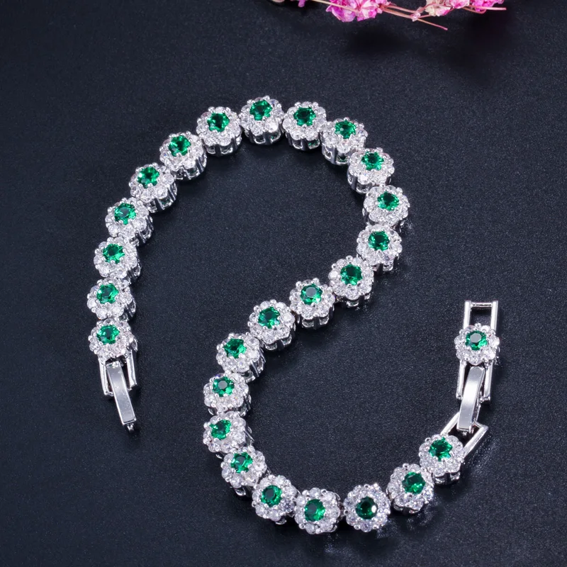 Pera New Fashion Royal Tennis Bracelets for Women Silver Color Big Cubic Zirconia Blue Flower Connected Party Charm Jewelry B117