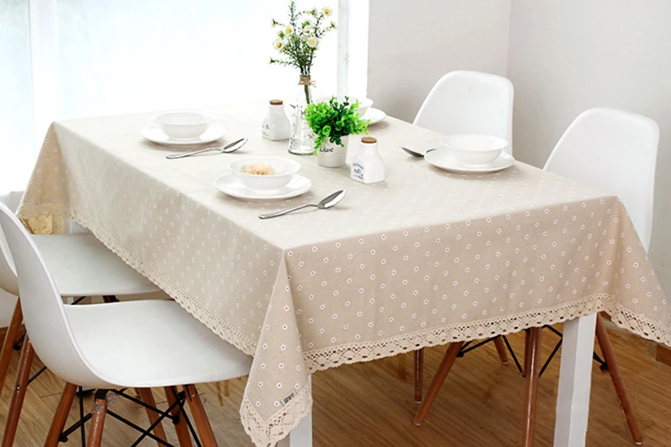 Daisy Flower Pattern Tablecloth Hot Sale Linen Cotton Table Cloth Lace Edge Rectangular Table Cloth Home Wedding Party Decor