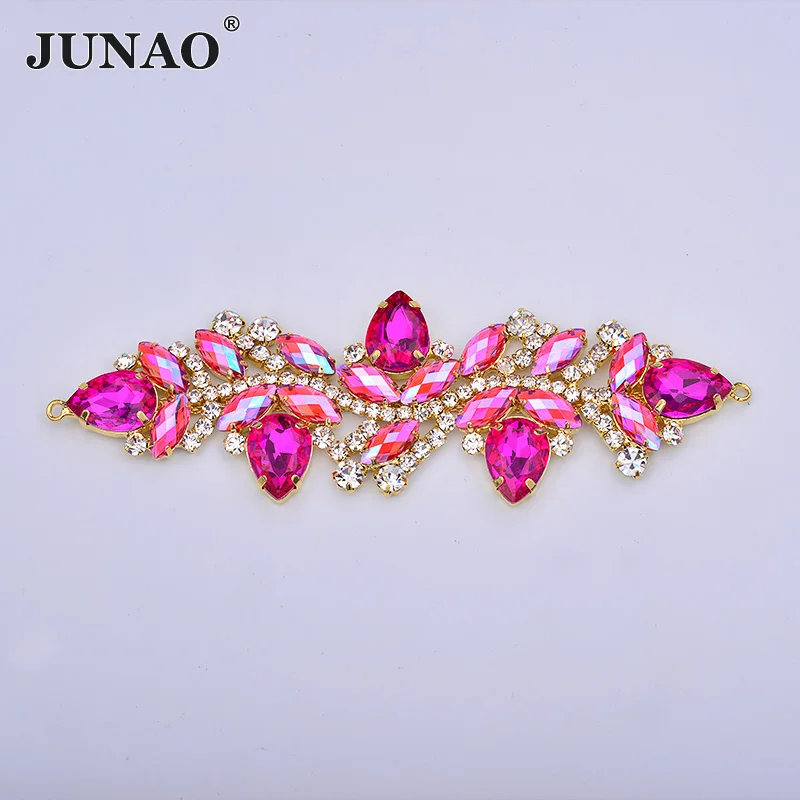 JUNAO 45*140mm 1pcs Sew On Rose AB Flower Glass Rhinestones Chain Bikini Strass Connector Flatback Gold Claw Crystal Applique