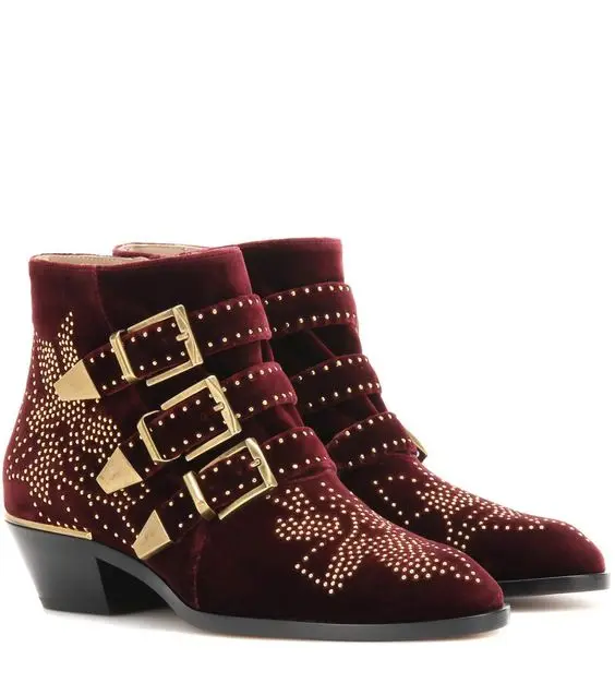 Newest Burgundy Velvet Women Ankle Boots Fashion Studded Flowers Ladies Buckle Boots Sexy Point Toe Female Knight Boots Med Heel