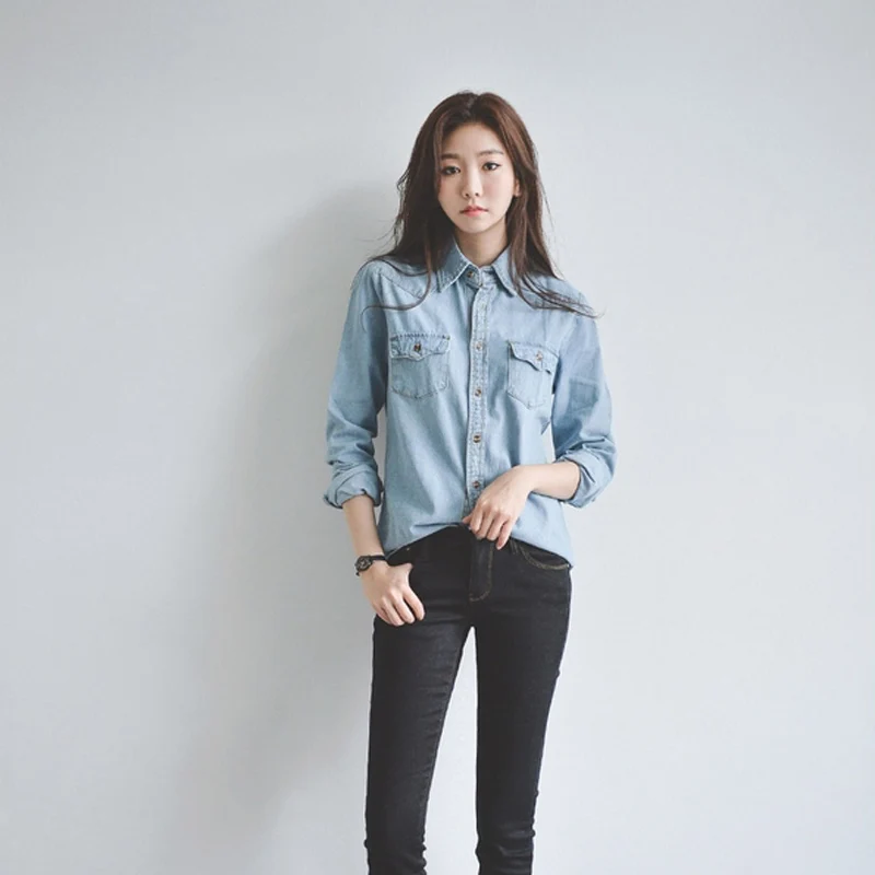 2019 Spring Autumn New Long-Sleeved Denim Shirt Female Fashion Slim Denim Shirt Tops Office Female Clothing  XZ461