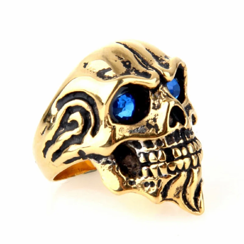 Men's Punk Cool Skull Blue Eyes Flame 316L Stainless Steel Biker Ring