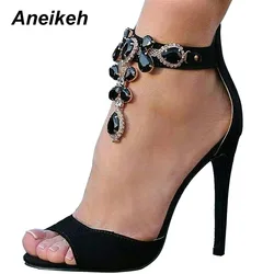 Aneikeh sandali con tacco alto in pelle scamosciata impreziositi da donna in cristallo nero Sexy cinturino alla caviglia con cinturino alla caviglia strass scarpe da gladiatore