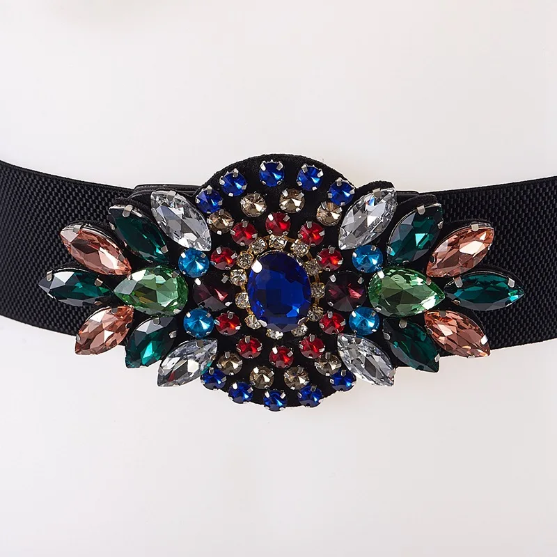 

Brand Luxury Rhinestone Dress Belts Women Colorful Crystal Gem Elastic Waistband Fashion Ladies Corset Summer Dress Accessories