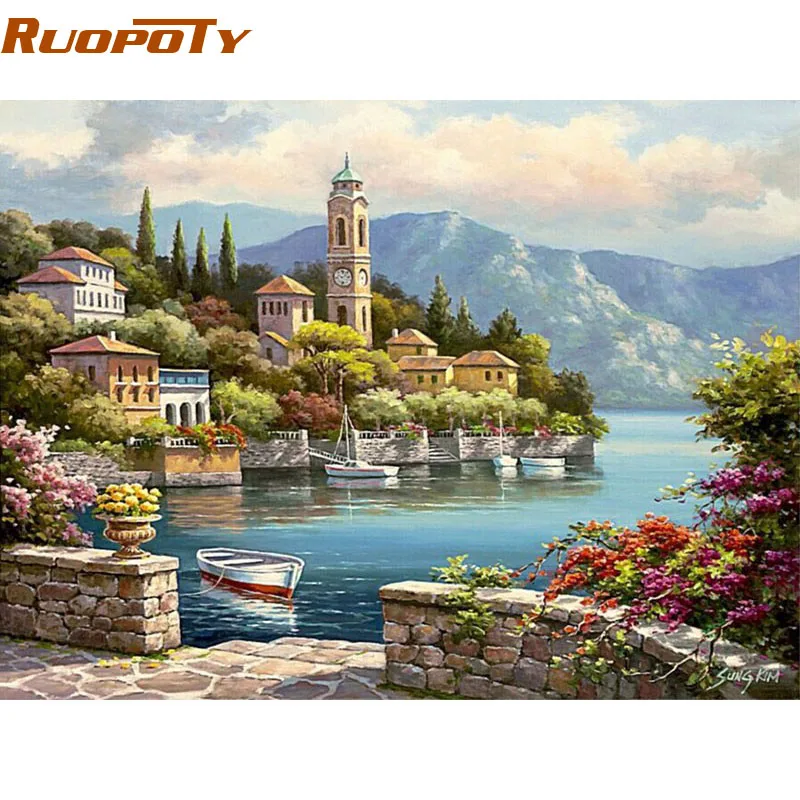 RUOPOTY cornice porto paesaggio marino pittura fai da te By Numbers Kit pittura acrilica su tela dipinta a mano per la casa Wall Art Picture 40X50