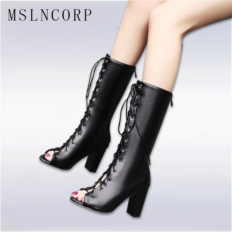 

Size 34-48 Fashion new hot summer shoes high heel Gladiator Women Pumps Sandals Boot sexy Lace Up open toe Mid Calf cool boots