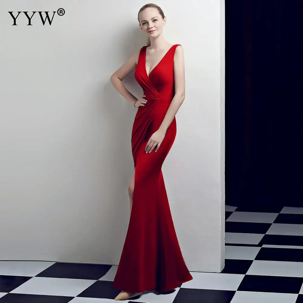 Sexy Deep V Neck Long Evening Dress Women High Slit Backless Long Club Party Vestidos Solid Summer Bodycon Mermaid Prom Dresses