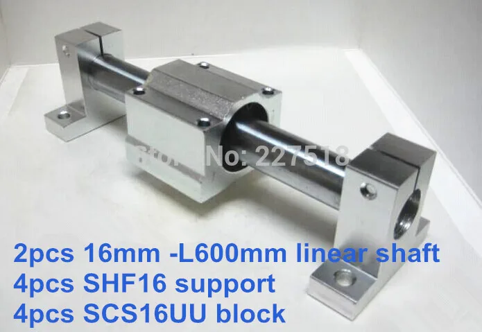 

16mm linear set: 2pcs 16mm - 600mm linear round shaft +4pcs SK16 shaft support+4pcs SCS16UU linear bearing block