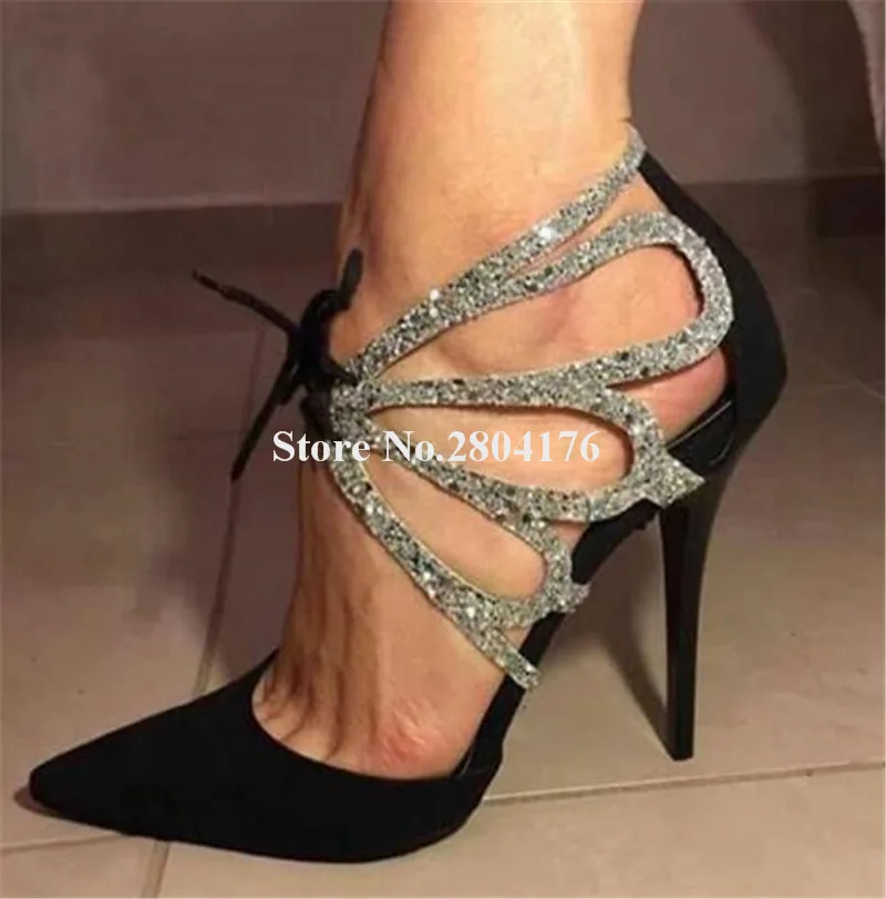 

Women Elegant Fashion Pointed Toe Suede Leather Stiletto Heel Pumps Lace-up Sequined Hgih Heels Wedding Dress Heels Shoes