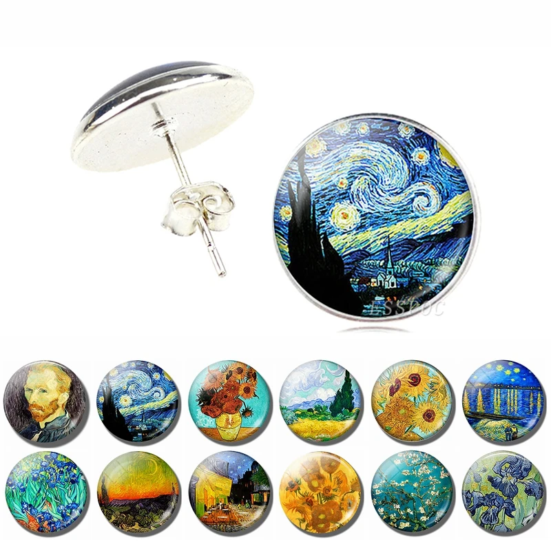 Trendy Van Gogh Statement Stud Earrings Art Oil Painting Picture Glass Cabochon Earrings for Women Jewelry Christmas Accessories