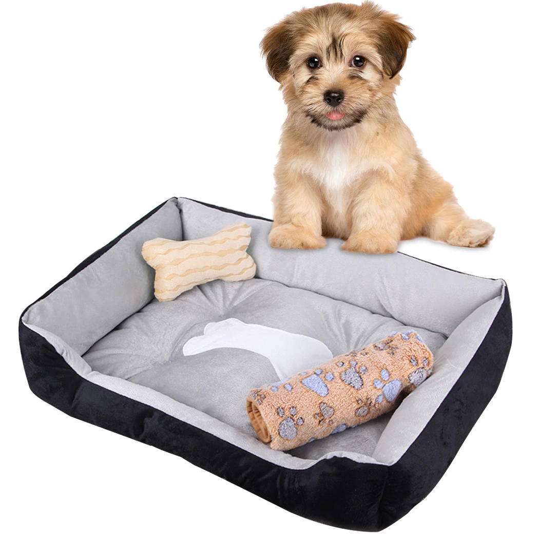 

Soft Pet Bed Nest Warming Kennel Washable Pet Floppy Comfy Plush Rim Cushion Nonslip Bottom Dog House With Blanket Bone Pillow