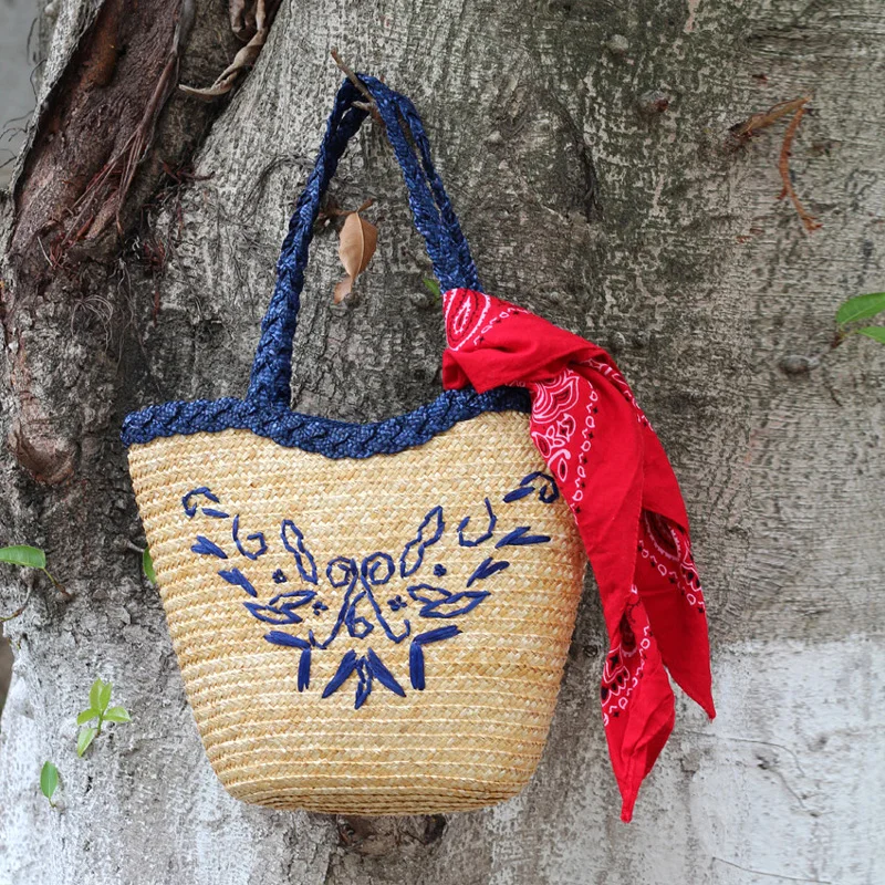 Bohemia straw bags Korean embroidered holiday women bags summer Weave tote bags Silk scarf bucket bag