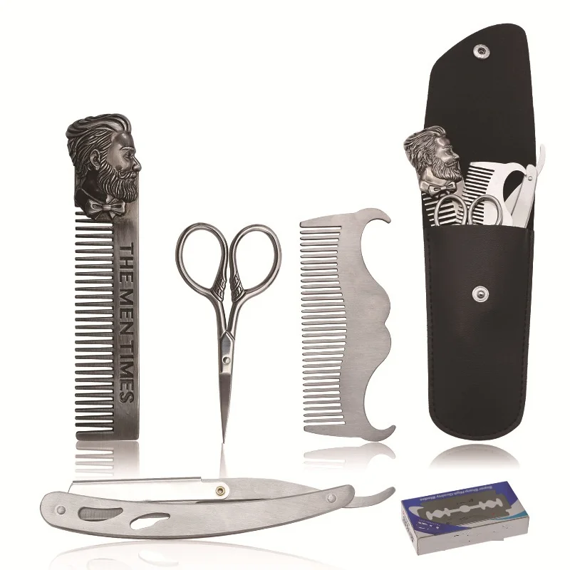 5pcs/set Beard Shaping Tool Template and Razor Kit, ZDU Stainless Steel Beard Shaper and Styling Comb and Beard scissors