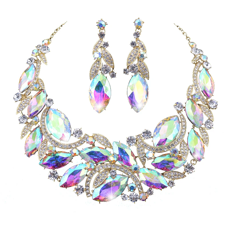 

Shining AB Crystal Jewelry Sets Bridal Wedding Dress Necklace Earrings Women Party Marquise Delicate Fashion Accessories