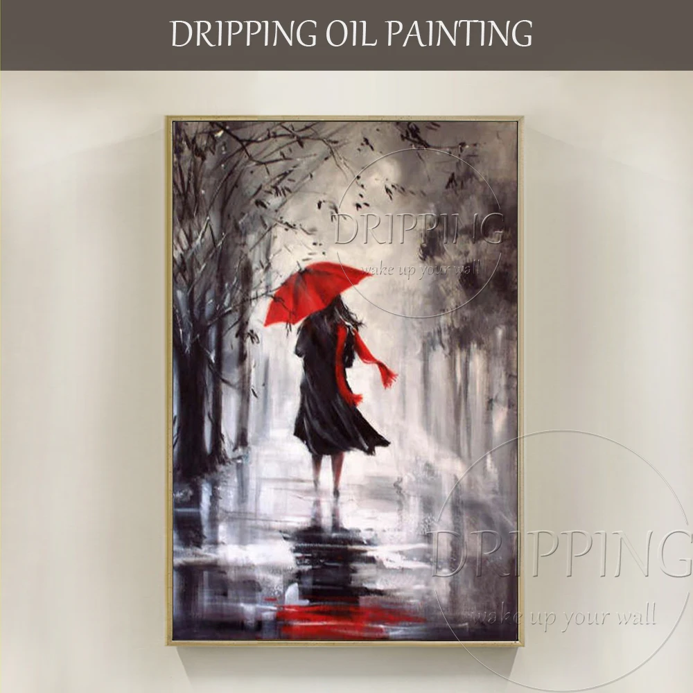 Artist Hand-painted High Quality Impressionist Woman Walking in Road Oil Painting on Canvas Lonely Woman Figure Oil Painting