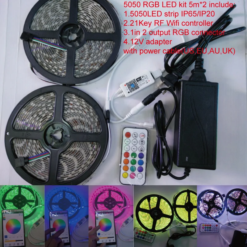 

5M*2rolls 600LED RGB SMD 5050 Flexible led Strip+21Key RF wireless Wifi IOS & android DIY muisc color controller+12V adapter kit