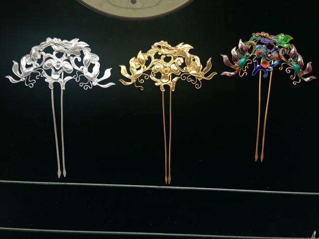 

3 Colors flower Miao 999 Fine Silver Gold Plated Cloisonne Hair Stick Pure Handmade Antique Pinach Artwork Miao Hair Accessories