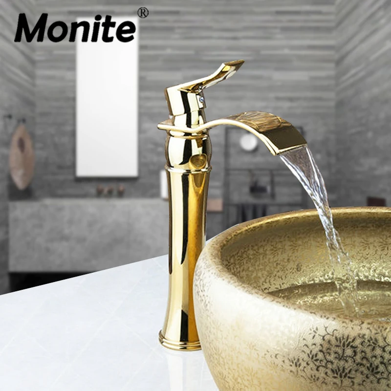 

Monite Tall Luxury Gold Plated Tap Waterafall Bathroom Brass Deck Mount Single Handle Sink Basin Vessel Tap Mixer Faucet