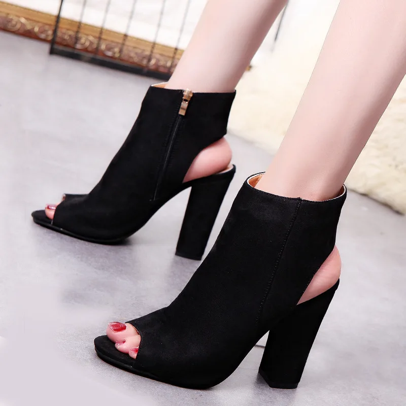 Ankle Boots Faux Suede Leather Casual Open Peep Toe High Heels Zipper Fashion Square Rubber Black Shoes For Women Plus Size 43