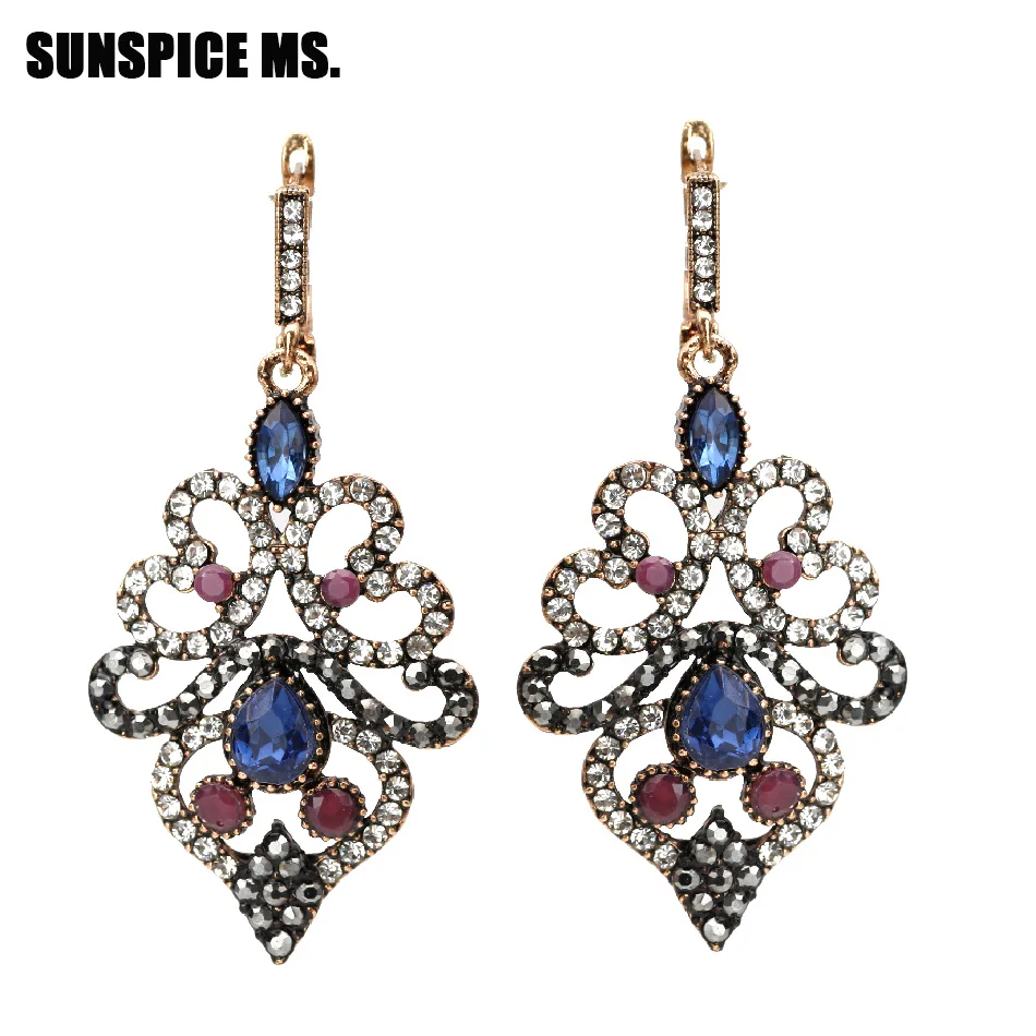 Sunspicems Exquisite Women Crystal Earrings Turkish Retro Vintage Dangle Hook Love Earrings Drop Water Resin Ethnic Jewelry