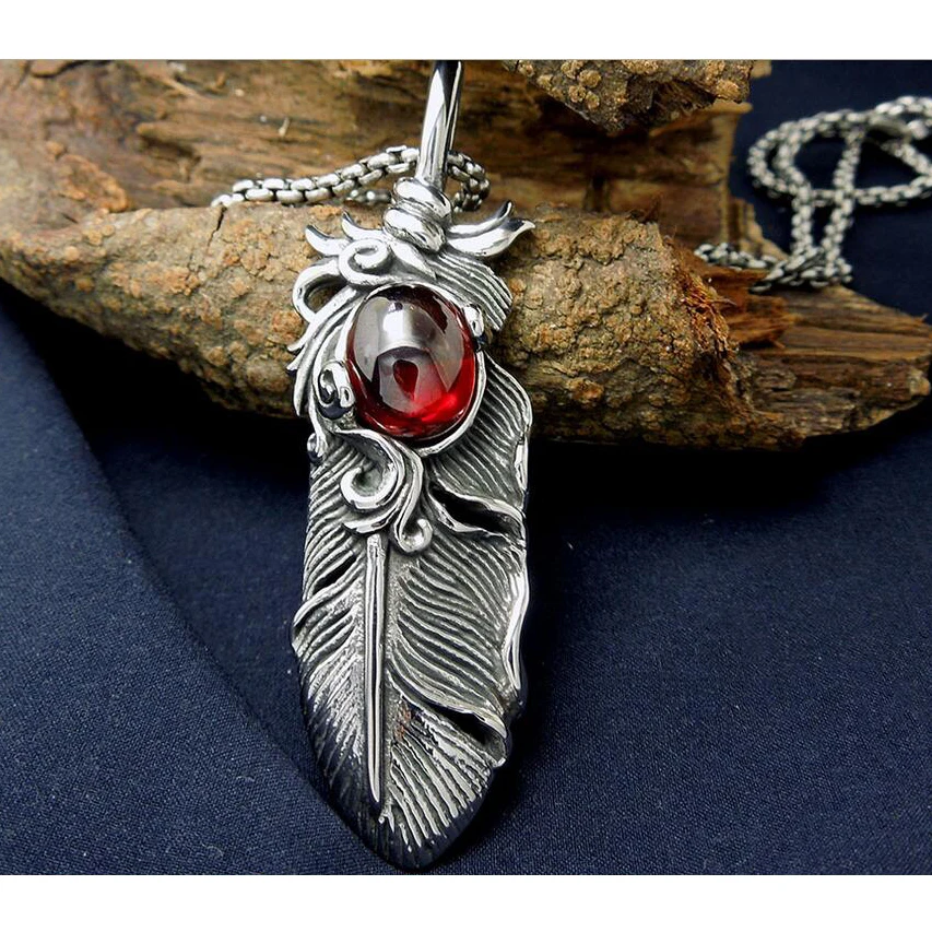 Red Opal pomegranate stainless steel feather pendant man necklace fashion mens jewelry