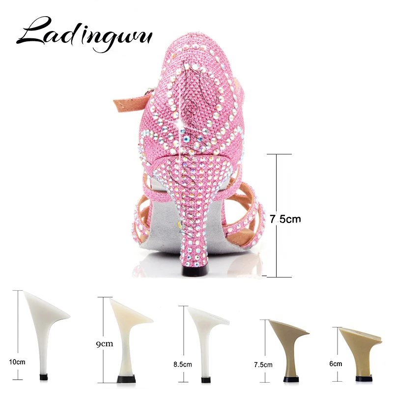 Ladingwu Pink Glitter Dance Shoes Latin Woman Crown Pattern Rhinestone Design Ballroom Dance Shoes Girls Profession Salsa Shoes