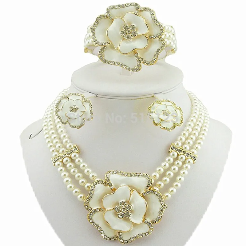 

Fashion Rose Flower Jewelry Sets Pearl African Women Wedding Bride Bead Necklace Gold Color Bracelet Earrings Ring