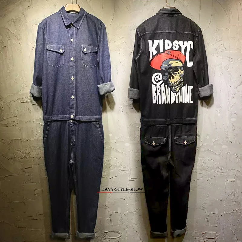 

S-XXL! Male street casual hiphop skull jeans set tooling jumpsuit trousers male top