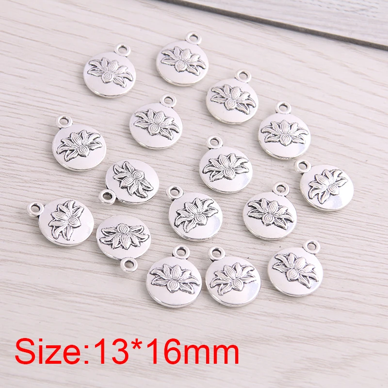 14pcs 13*16mm Metal Alloy Two Color Round Lotus Charms Plant Pendants For Jewelry Making DIY Handmade Craft