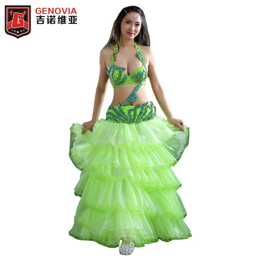 

Professional Performance Belly Dance Costume Luxury Mesh One-piece Dress Belly Dance Costume Set Bra Top Belt Skirt Dress