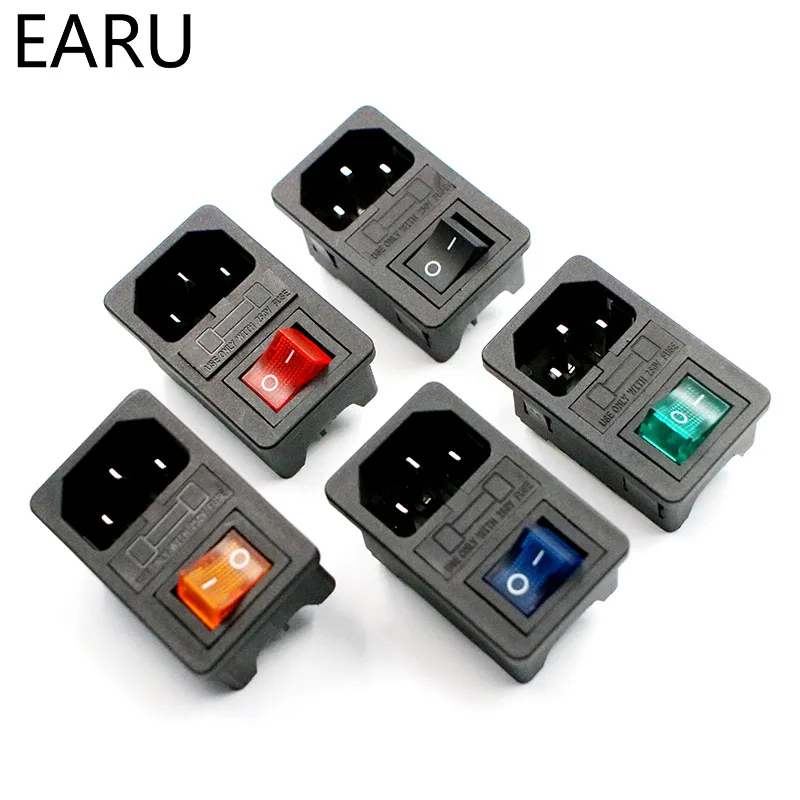 With 10A Fuse! Red Rocker Switch Fused IEC320 C14 Inlet Power Socket Fuse Switch Connector Plug Connector Red Green Blue Black