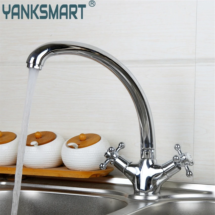 

YANKSMART Kitchen luxury Sink Faucet Polished Chrome Deck Mount One Hole Kitchen Mixer Tap Dual Handle basin faucet