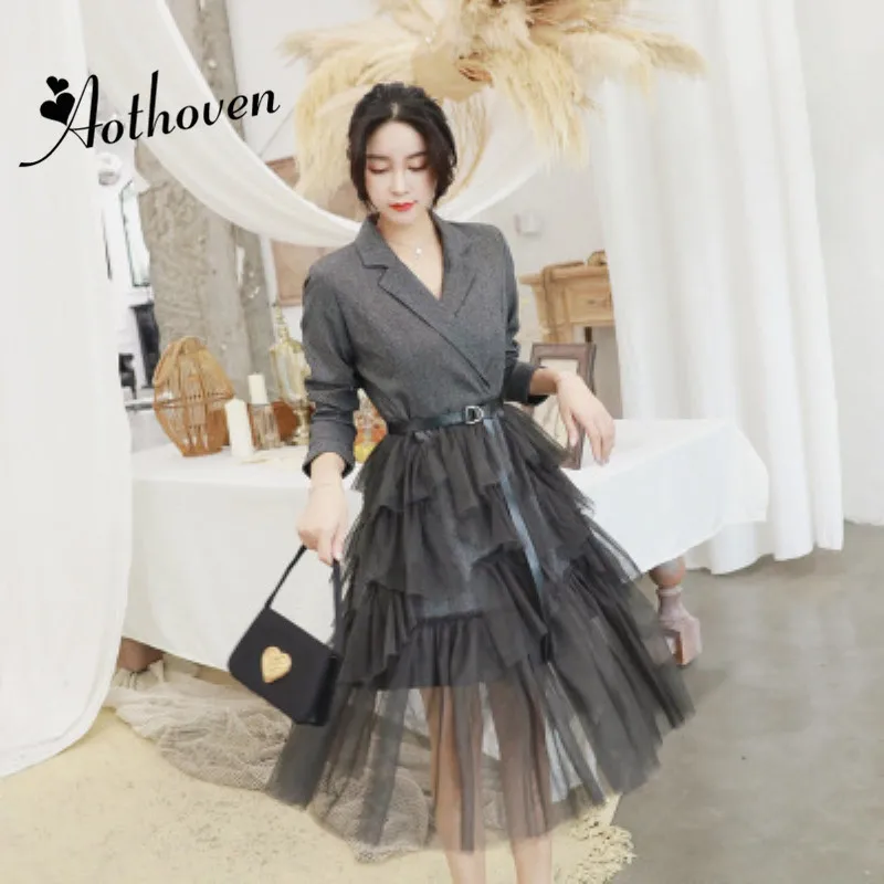 

Autumn Patchwork Cascading Ruffle A-Line Dresses Turn-down Collar Long Sleeve Women Dress Elegant Lady Bandage Sexy Party Dress