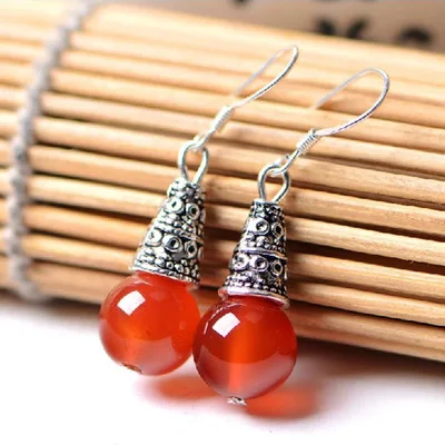 New Fashion Imitation Red Obsidian Drops Of Water Round  Earrings Natural Authentic Tower Red Agate Earrings Women\'s Jewelry