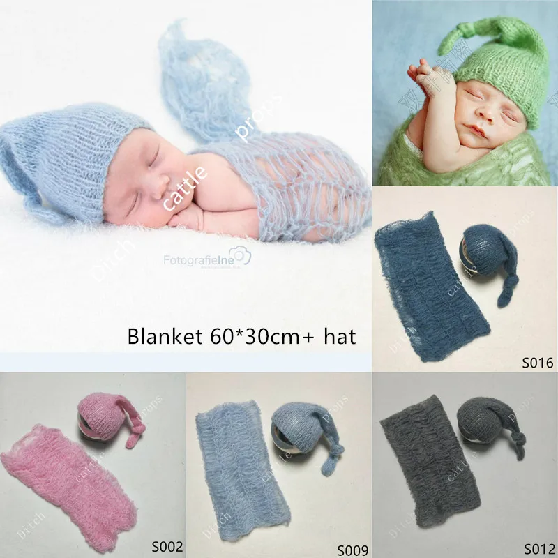 60*30cm Newborn Mohair Crocheted Blanket + Long Braided Hat Newborn Photography Props Photography Background