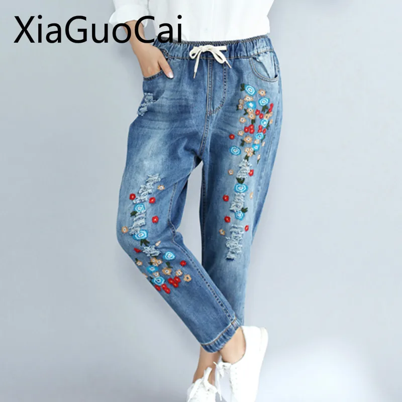 Flowers Women Jeans Large Size Women\'s Autumn Casual Embroidery Pants Loose Thin Nine Ripped Pants Jeans for Women