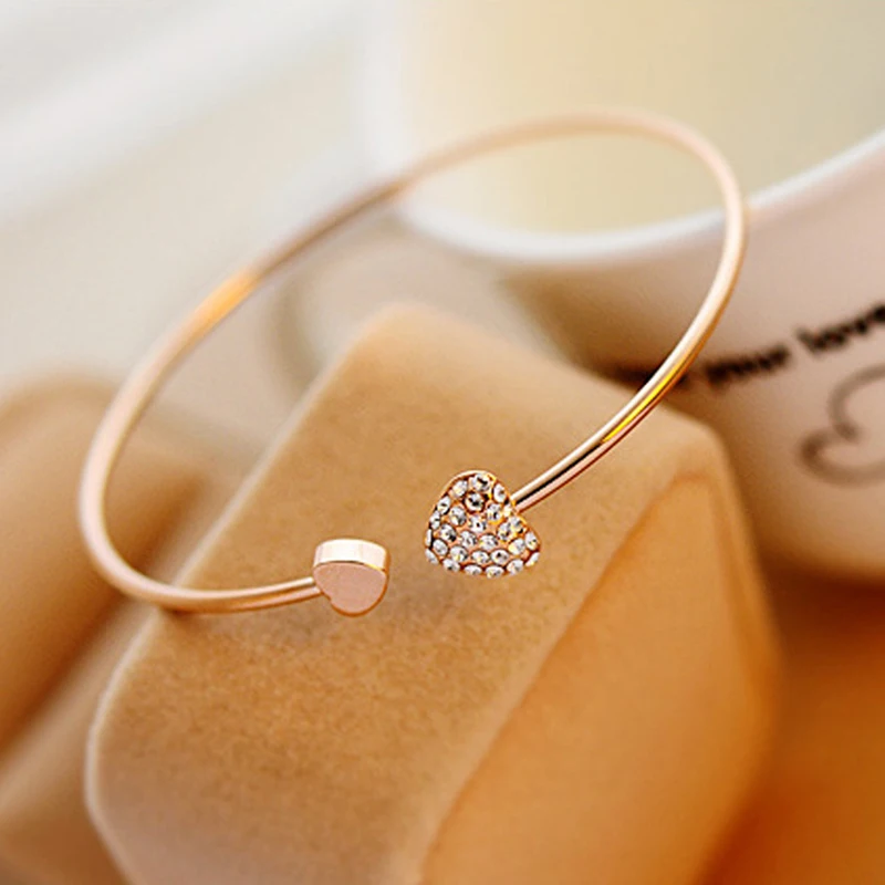 Adjustable Crystal Double Heart Bow Bilezik Cuff Opening Bracelet Hot New Fashion Women Jewelry Gift Mujer Pulseras