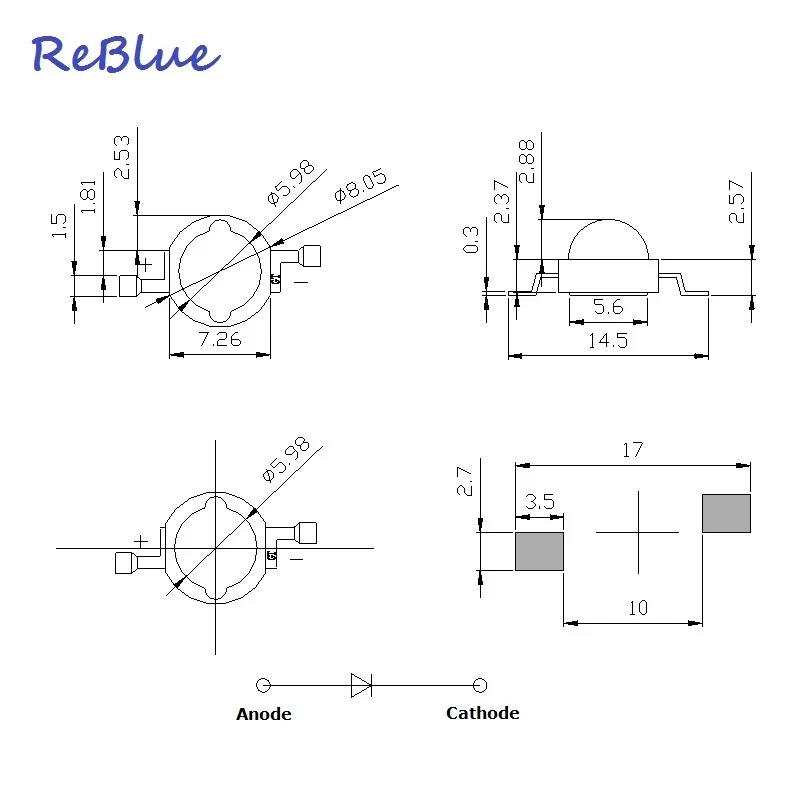 50Pcs Reblue Light Beads 3w led diode blue led 5w diode chip 430nm 440nm 450nm 460nm grow diode high power led grow UV lamp PCB