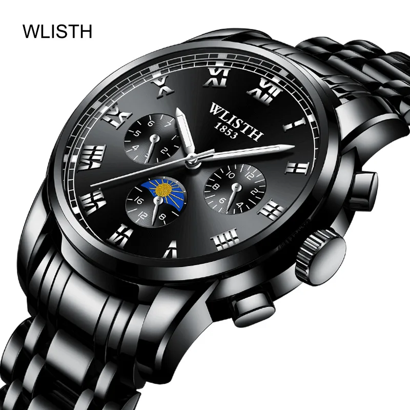 WLISTH Men Stainless Steel Wrist Watch Genuine Brand Quartz Clock Waterproof Wristwatch Simulate Three Eyes Relogios Erkek izle