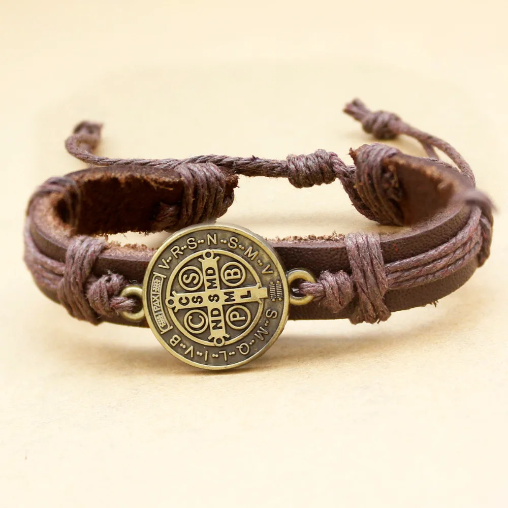 Catholic Religious Saint St. Benedict Medal Leather Bracelets For Women Bangle Cuff Pulseira Fashion Men Jewerly Accessories New