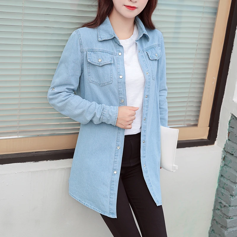 Long Denim Jacket Women 2018 New Arrived Women\'s Jeans Jackets Soild Female Coat Casual Turn Down Collar Women Outwear XZ387